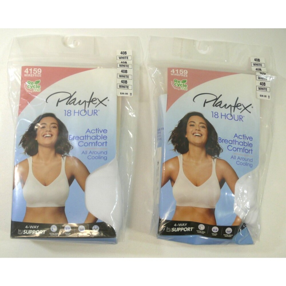 NEW 2-Playtex 18 Hour Bra 40B white 4159 Active Breathable Comfort wire free